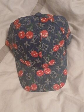 Denim Cherry Print Baseball Cap